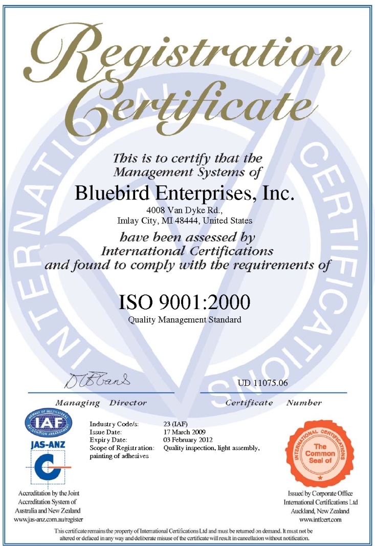 Bluebird Enterprise, Inc ISO Certificate